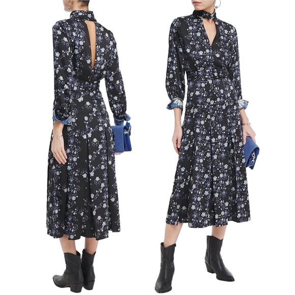 Sandro Paris Bonny Cutout Floral Print Midi Dress Black Blue EU 42 US 10 NWOT - Picture 1 of 16